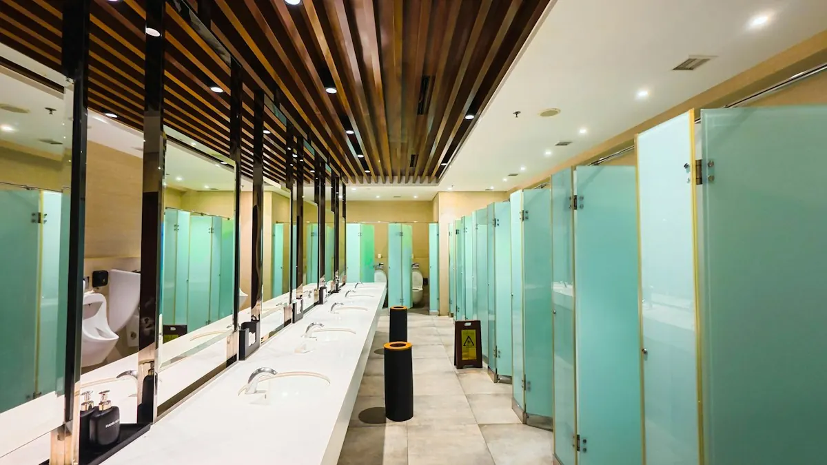 Commercial restroom with sinks, mirrors and stalls
